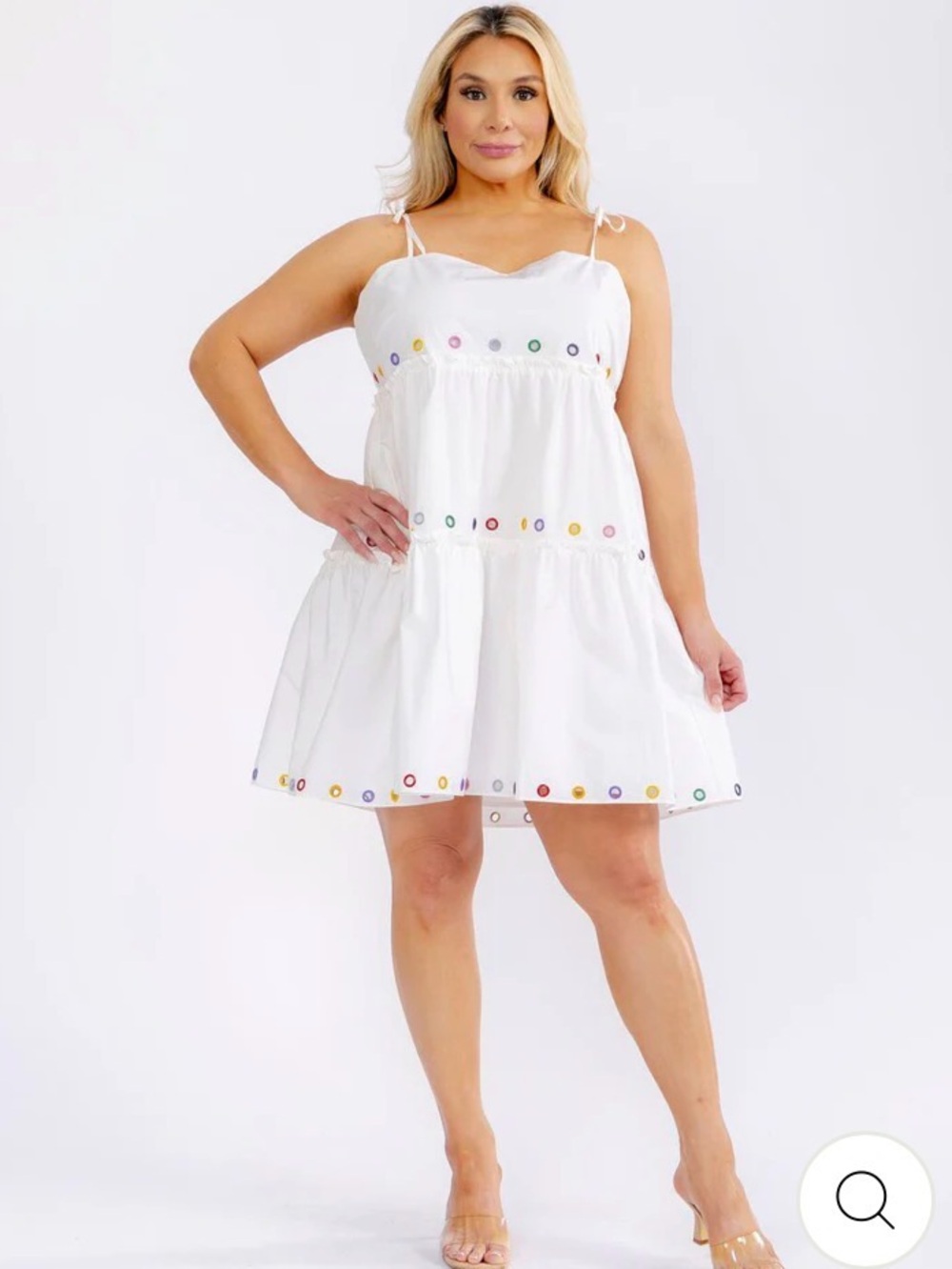 0211.  White Tiered Sundress with Multi Color Eyelet Trim